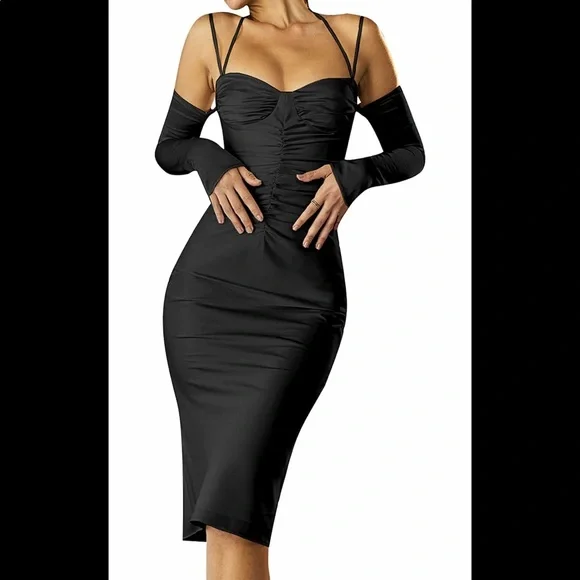 white christmas dresses Mock neck mesh midi dress black | Trendy Dresses main image 1